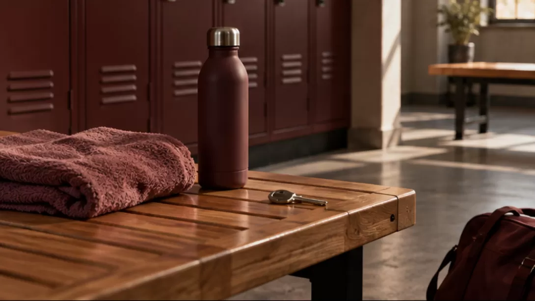 Taquillas de gimnasio junto a una toalla, una botella sin marca y una llave