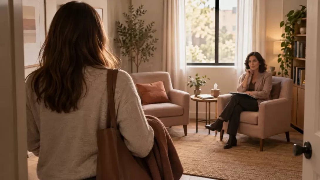 Mujer entrando en una consulta de terapia de pareja con dos sillones y luz natural