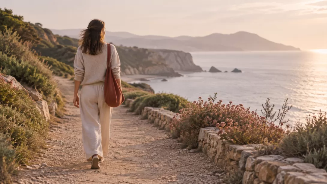 Mujer caminando por un sendero costero en una manana tranquila