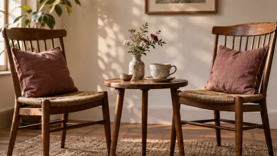 Dos sillas de madera frente a frente junto a una taza reparada