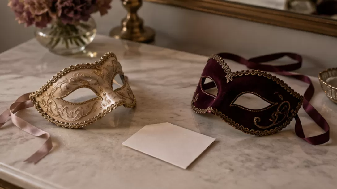 Dos mascaras sin texto junto a una tarjeta en blanco