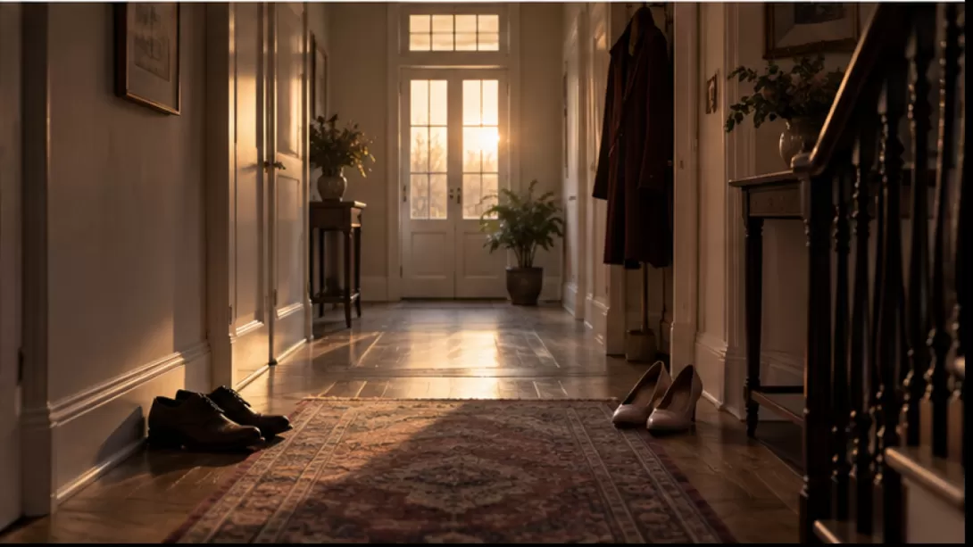 Pasillo de una casa con dos pares de zapatos separados