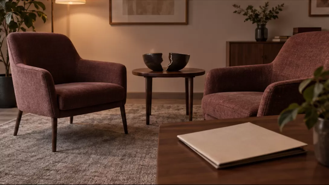 Dos sillones separados junto a un cuenco de ceramica roto