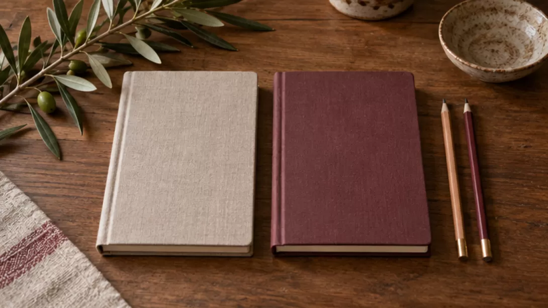 Dos cuadernos sin texto junto a lapices y una rama de olivo