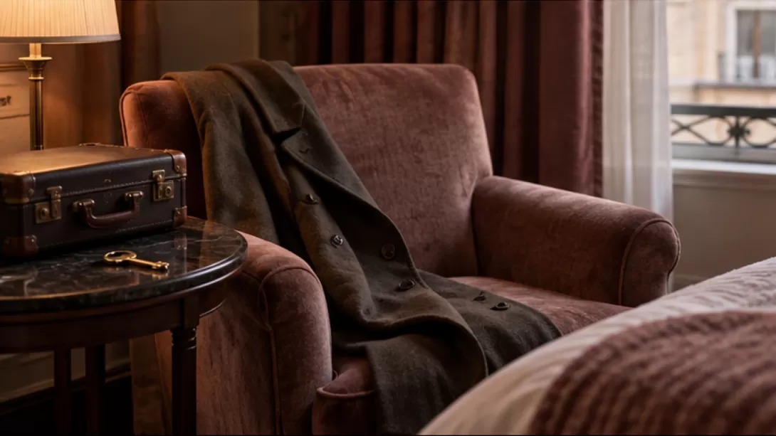 Sillon vacio con un abrigo, una maleta y una llave sobre una mesa