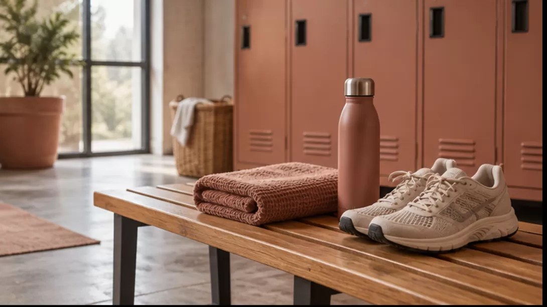 Banco de vestuario deportivo con zapatillas, toalla y botella sin marca