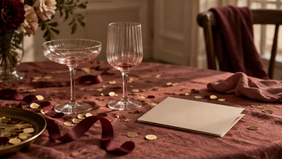 Dos copas vacias y confeti sobre una mesa tras una fiesta