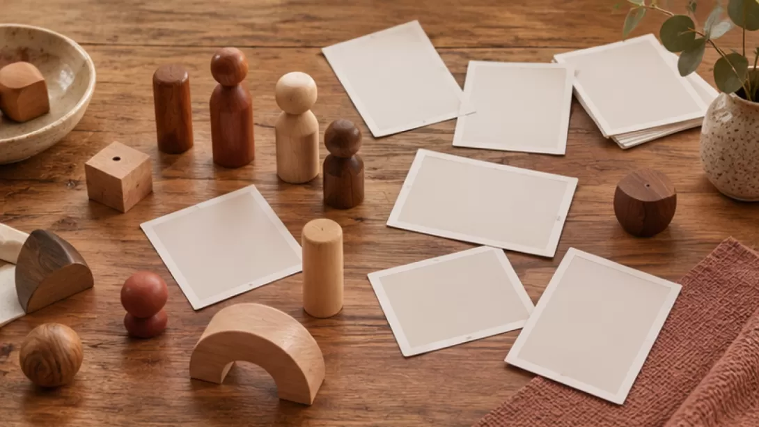 Figuras de madera y fotografias sin imagen sobre una mesa