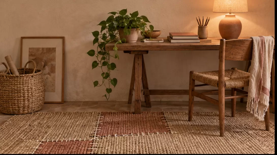Espacio de trabajo sereno junto a una alfombra reparada