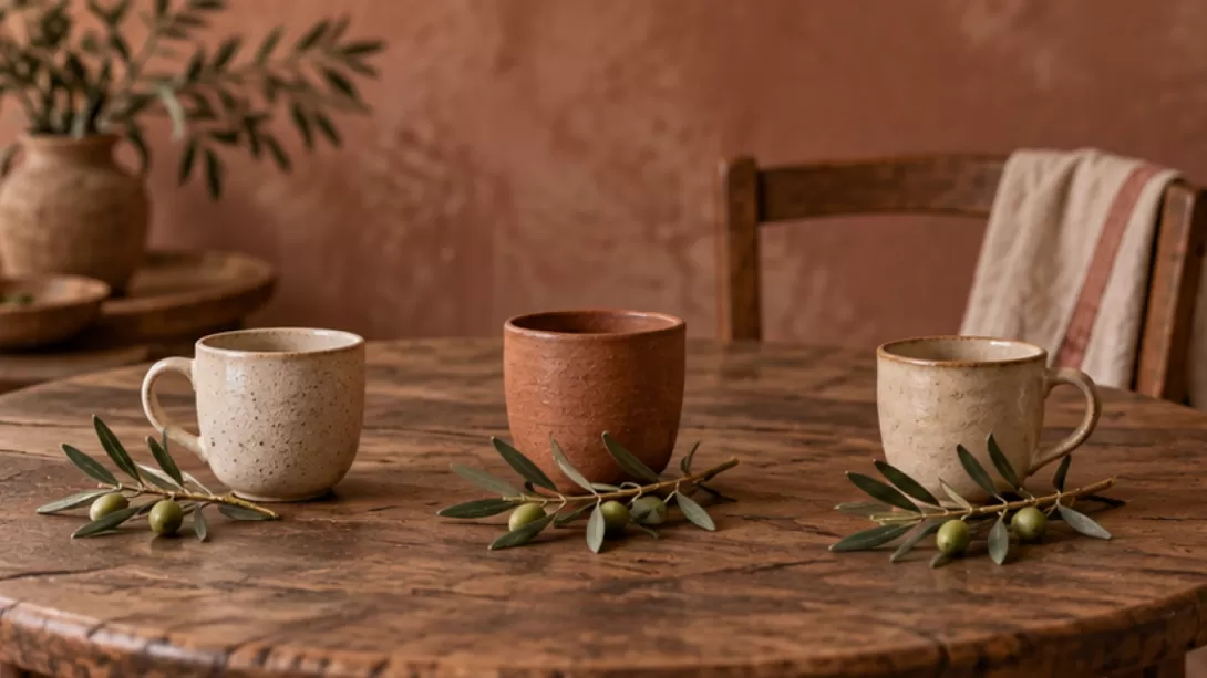 Tres tazas de ceramica junto a ramas de olivo sobre una mesa
