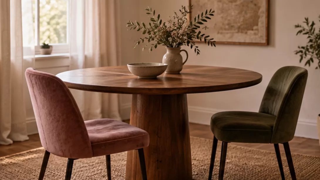 Dos sillas distintas frente a una mesa redonda con un cuenco de ceramica