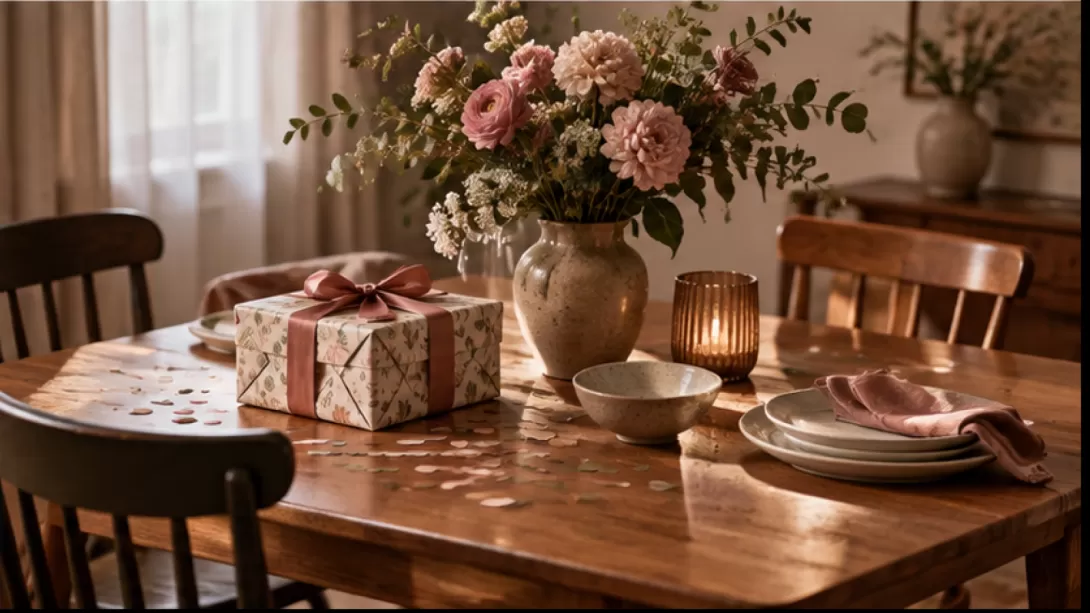 Mesa tras una celebracion con flores, regalo y sillas vacias