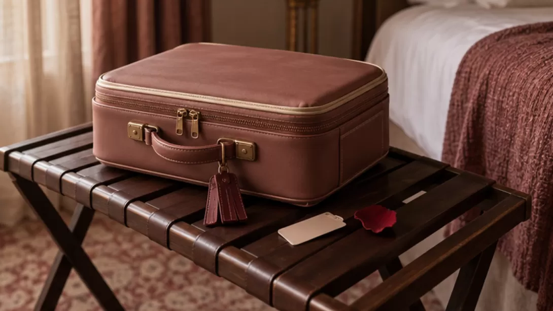 Maleta sin marca sobre un portaequipajes de hotel junto a una tarjeta sin texto