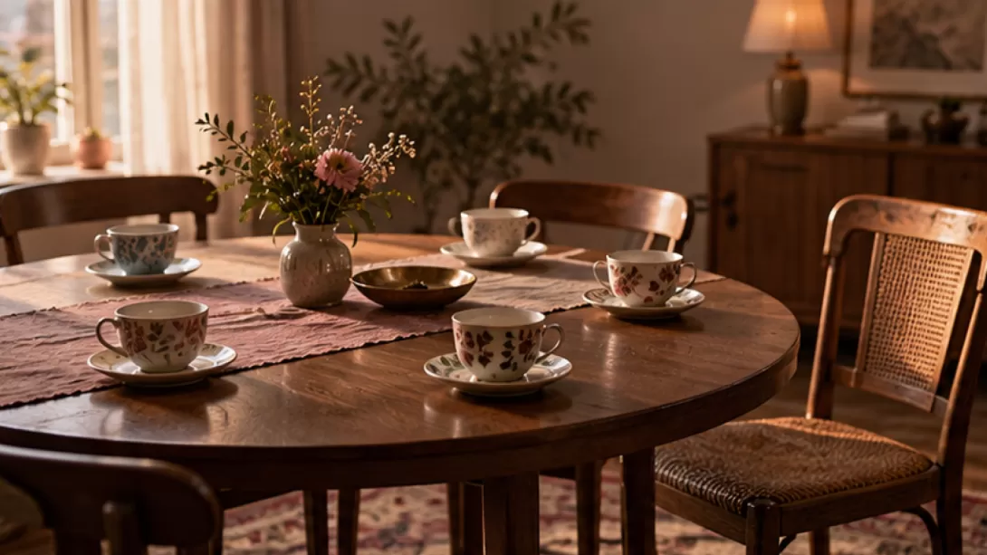 Mesa con cinco tazas de ceramica y sillas alrededor