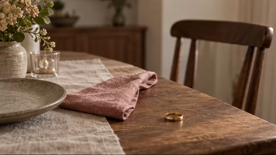 Mesa con una alianza, servilleta doblada y una silla vacia