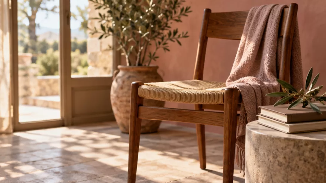 Silla junto a una ventana con libros y una rama de olivo