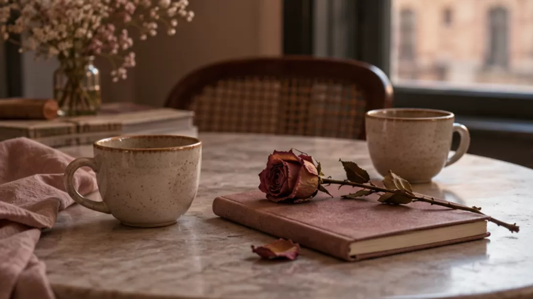 Dos tazas de ceramica junto a una rosa seca y una libreta cerrada sobre una mesa