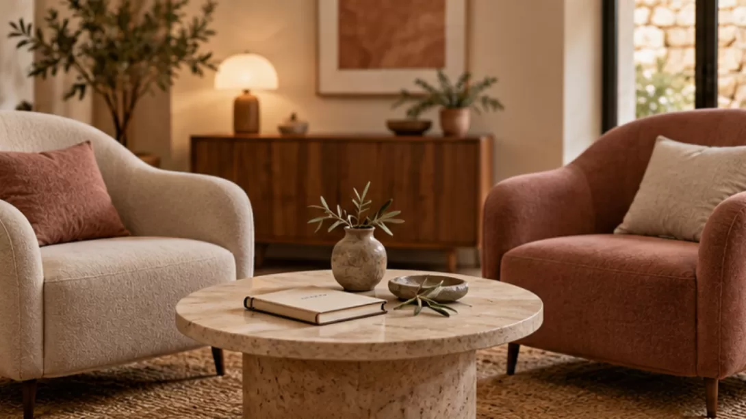 Dos sillones en una consulta de terapia serena con una mesa y rama de olivo