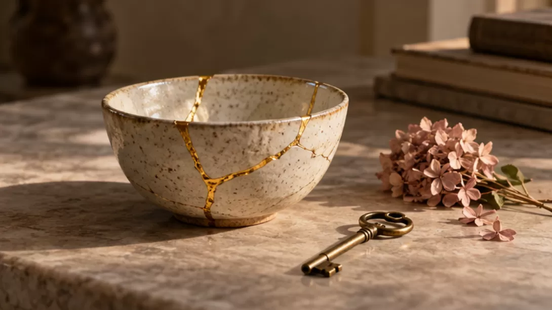 Cuenco de ceramica reparado con lineas doradas junto a una llave