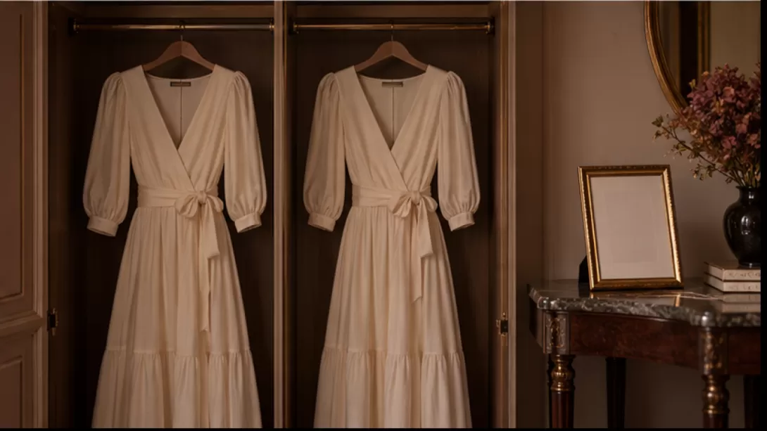 Dos vestidos color crema casi identicos colgados por separado en un armario