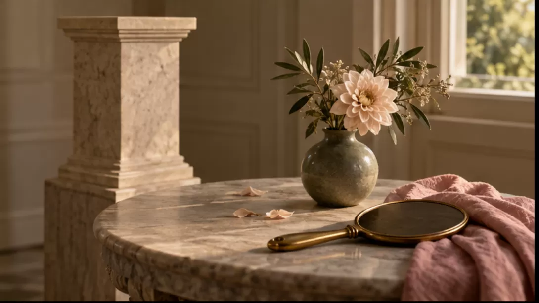 Pedestal vacio junto a flores y un espejo de mano sobre una mesa