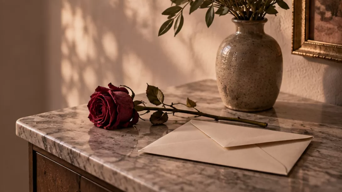 Rosa seca junto a un sobre sin texto y un jarron de ceramica