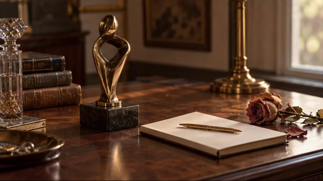 Escritorio elegante con una escultura abstracta, libreta sin texto y rosa seca