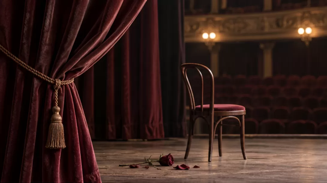 Cortina de teatro abierta junto a una silla vacia y una rosa seca
