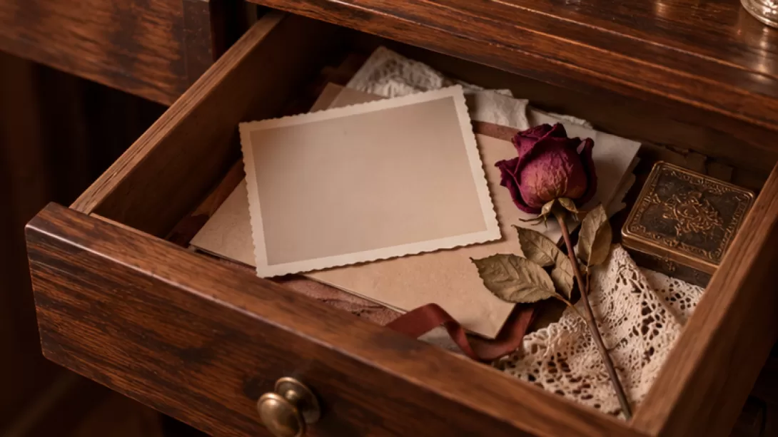 Fotografia sin imagen junto a una rosa seca en un cajon abierto