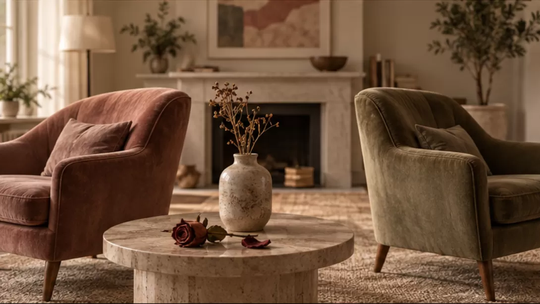 Dos sillones separados con una rosa seca y un jarron de ceramica
