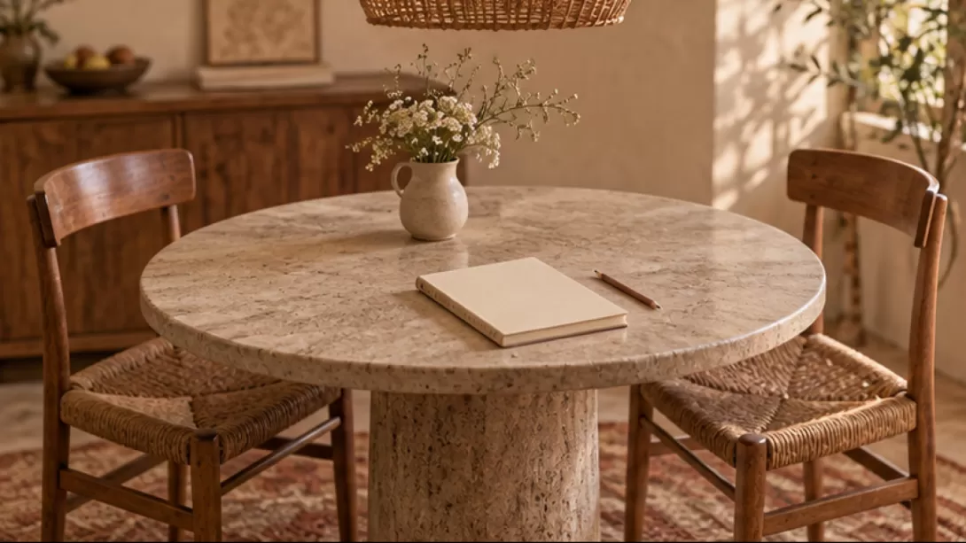 Dos sillas frente a una mesa con libreta sin texto y lapiz