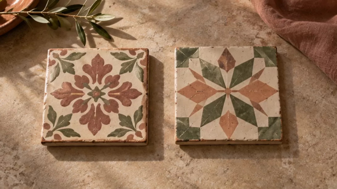 Dos azulejos decorativos diferentes colocados por separado sobre una mesa