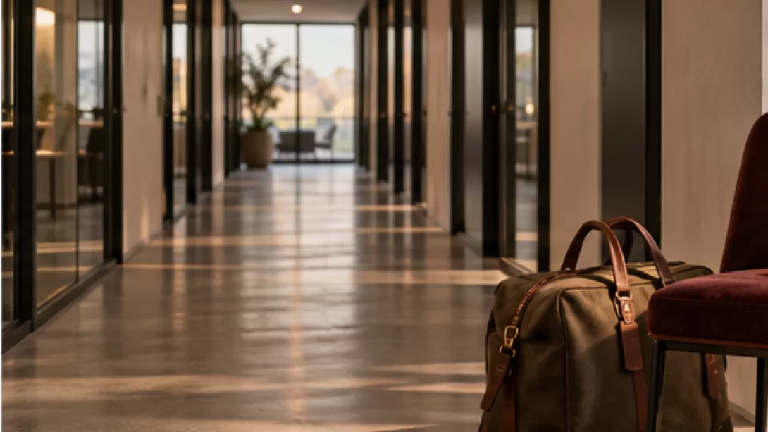 Pasillo de oficina vacio con un bolso junto a una silla