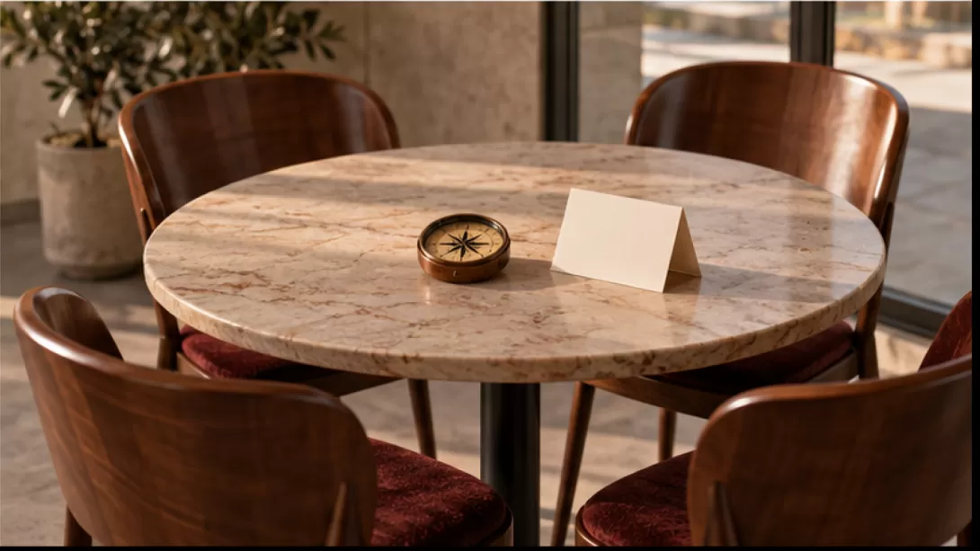 Mesa con cuatro sillas vacias, una brujula y una tarjeta sin texto