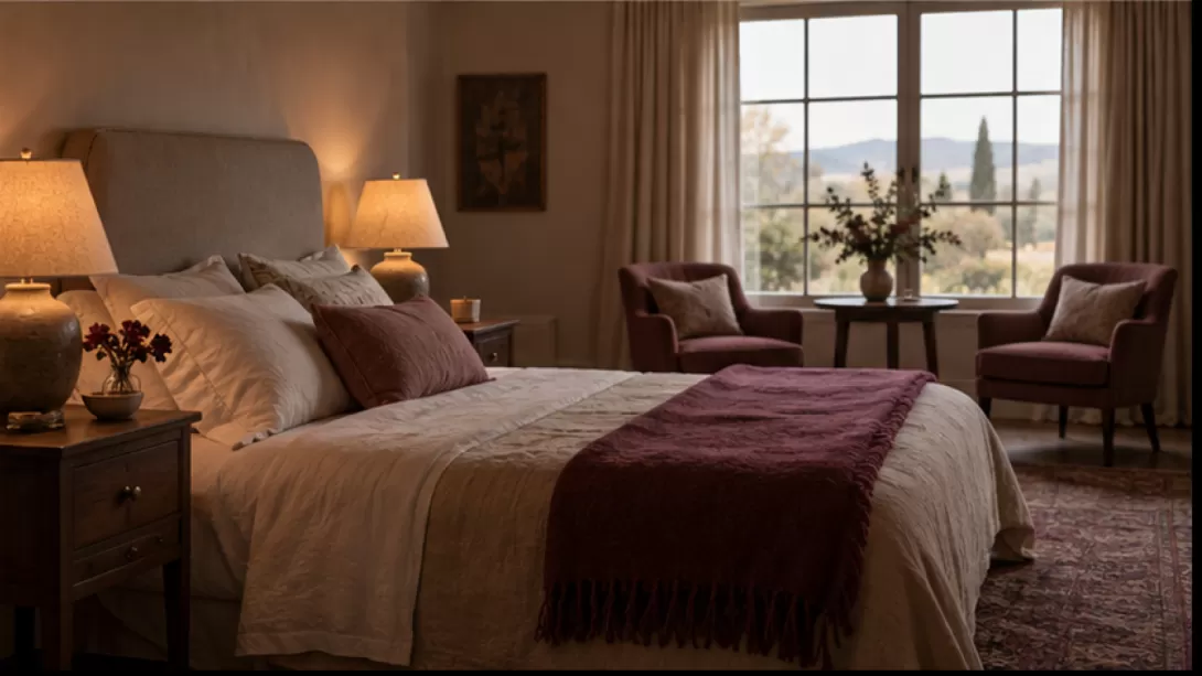 Dormitorio sereno con dos lamparas y dos sillones junto a una ventana