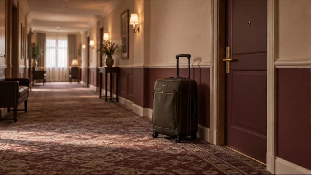 Pasillo de hotel con una maleta y una puerta cerrada