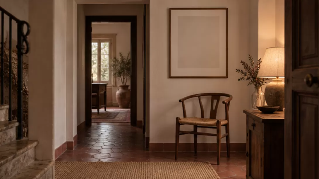 Recibidor de una casa con una silla vacia y un marco sin imagen