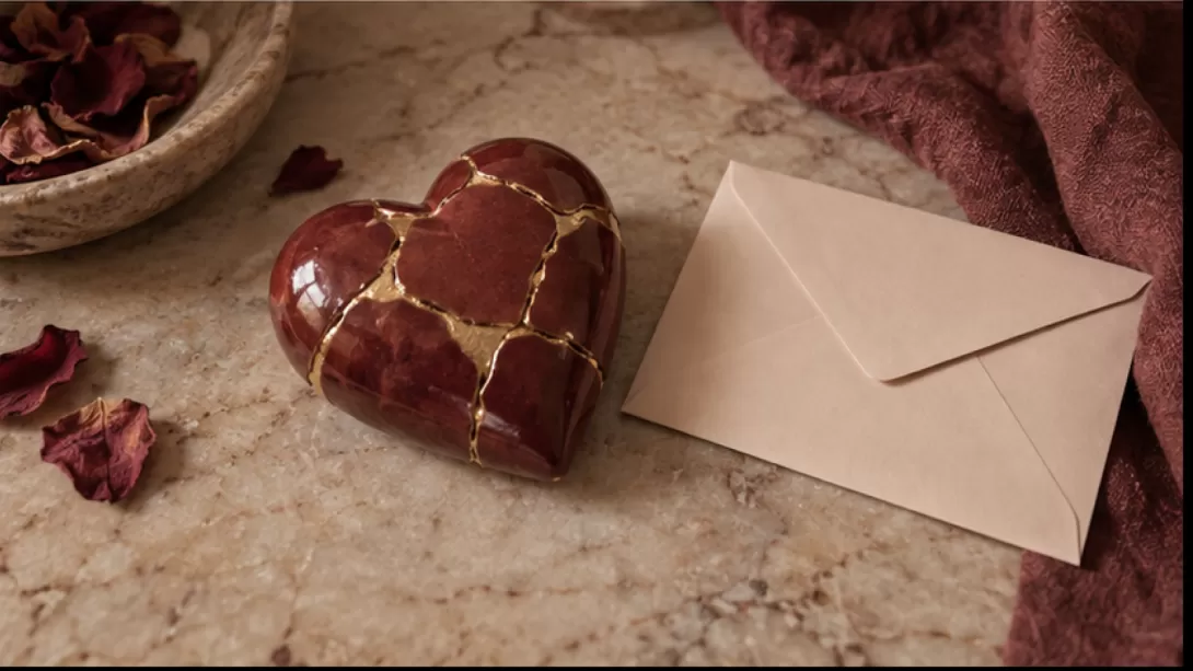 Corazon de ceramica reparado junto a un sobre sin texto