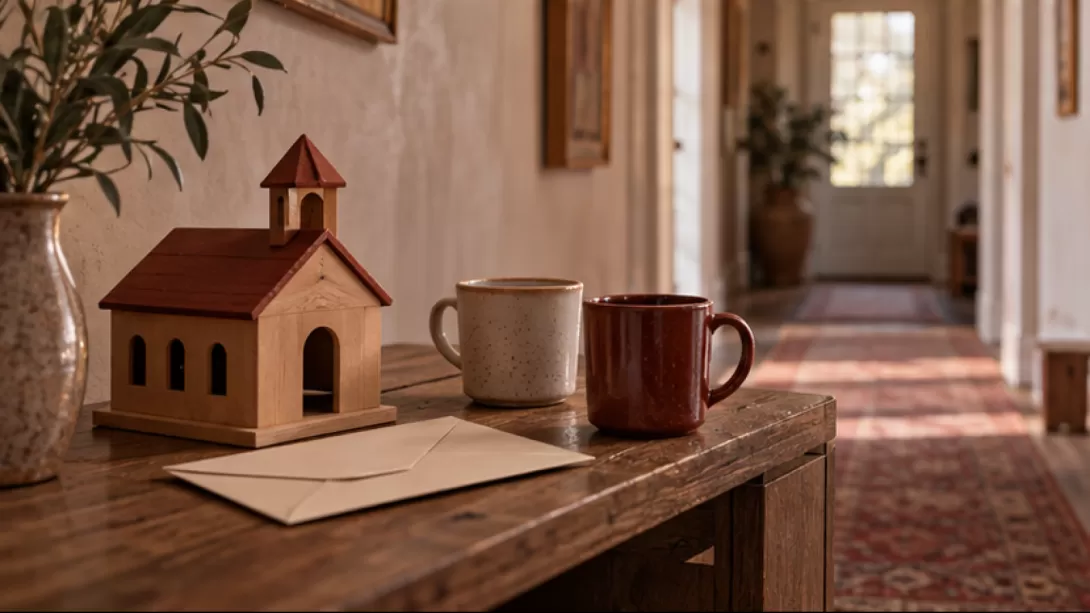 Casita de madera y dos tazas junto a un sobre sin texto