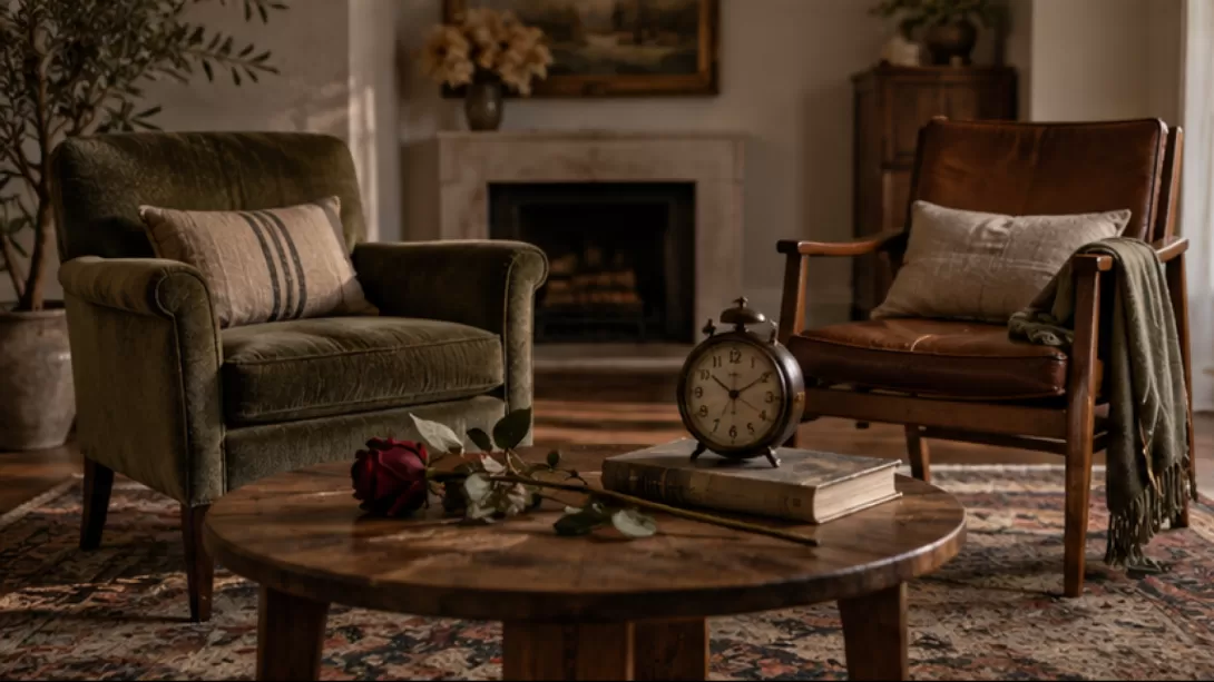 Dos sillones separados junto a una rosa seca y un reloj antiguo