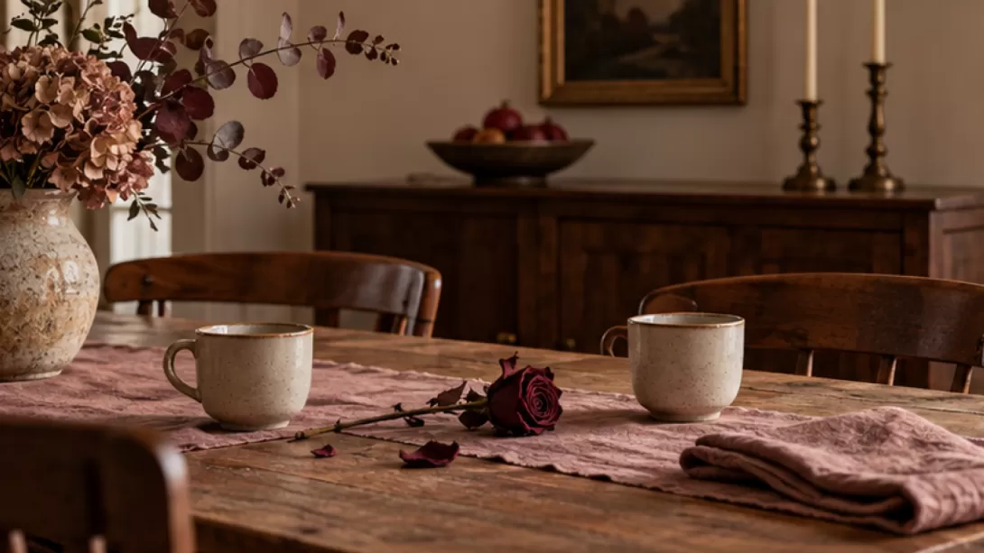 Dos tazas en una mesa familiar junto a una rosa seca