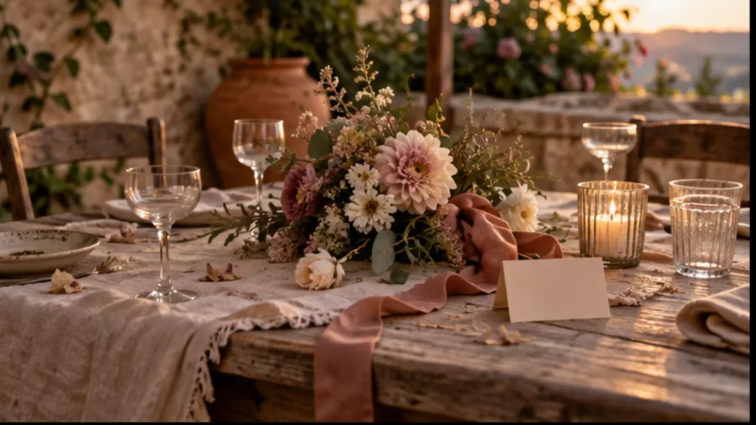 Mesa tras una celebracion con flores, copas vacias y tarjeta sin texto