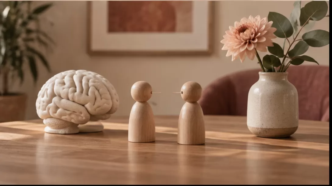 Escultura de cerebro y dos figuras de madera en una mesa de consulta