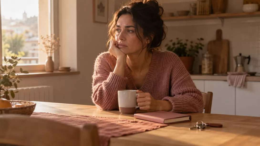 Mujer pensativa con una taza y un cuaderno junto a unas llaves en la mesa