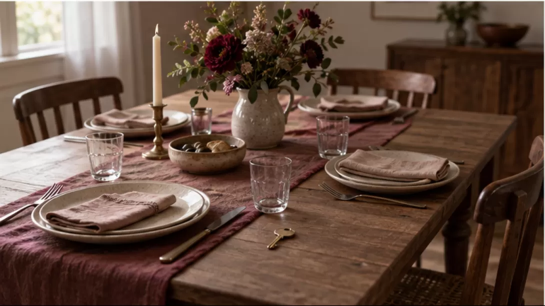 Mesa familiar preparada con cuatro sillas vacias y una llave