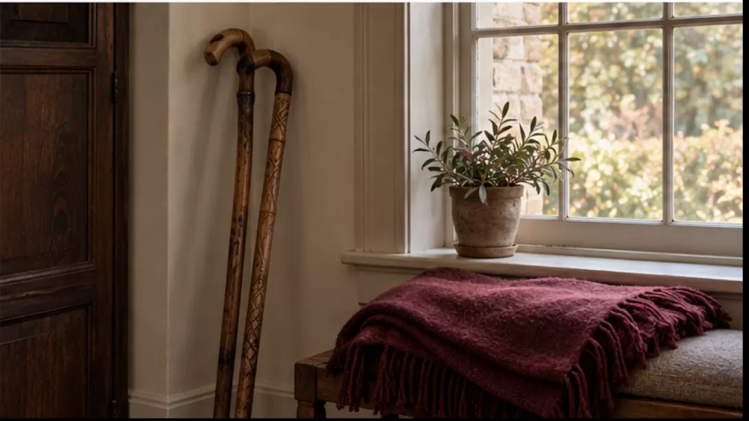 Dos bastones de madera apoyados juntos junto a una ventana