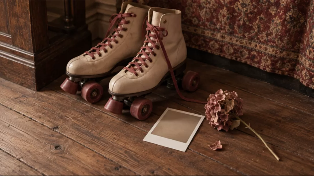 Patines vintage junto a una fotografia sin imagen y una flor seca