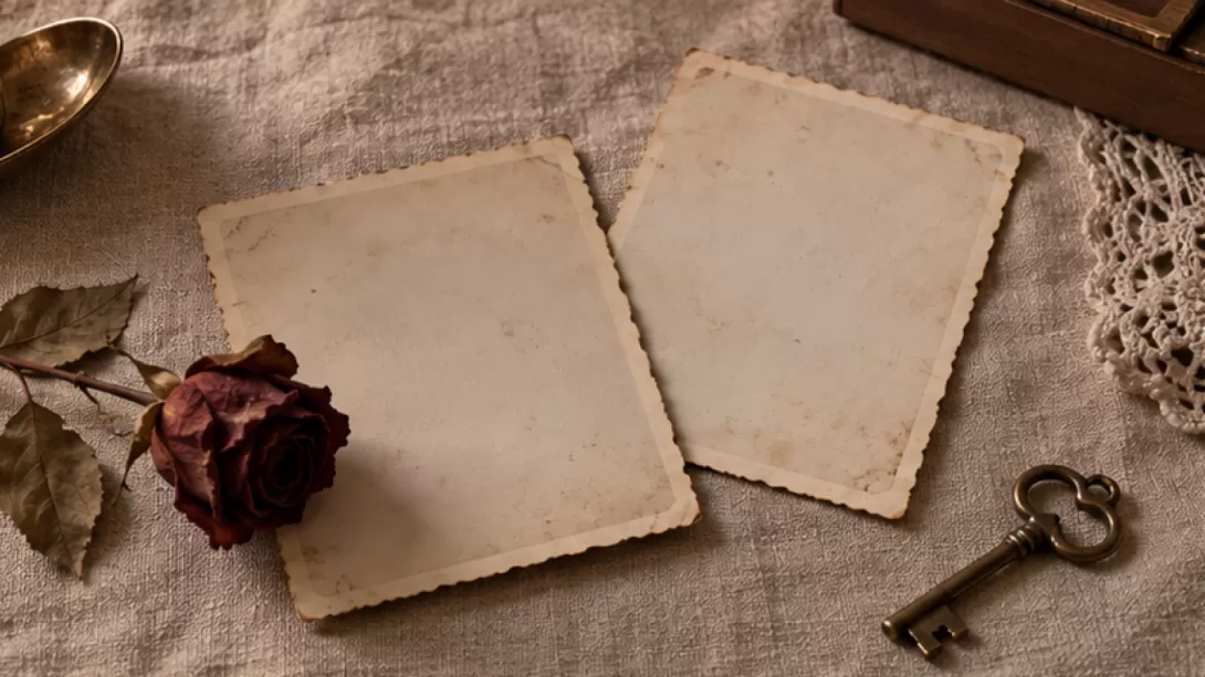 Dos fotografias antiguas sin texto junto a una rosa seca y una llave