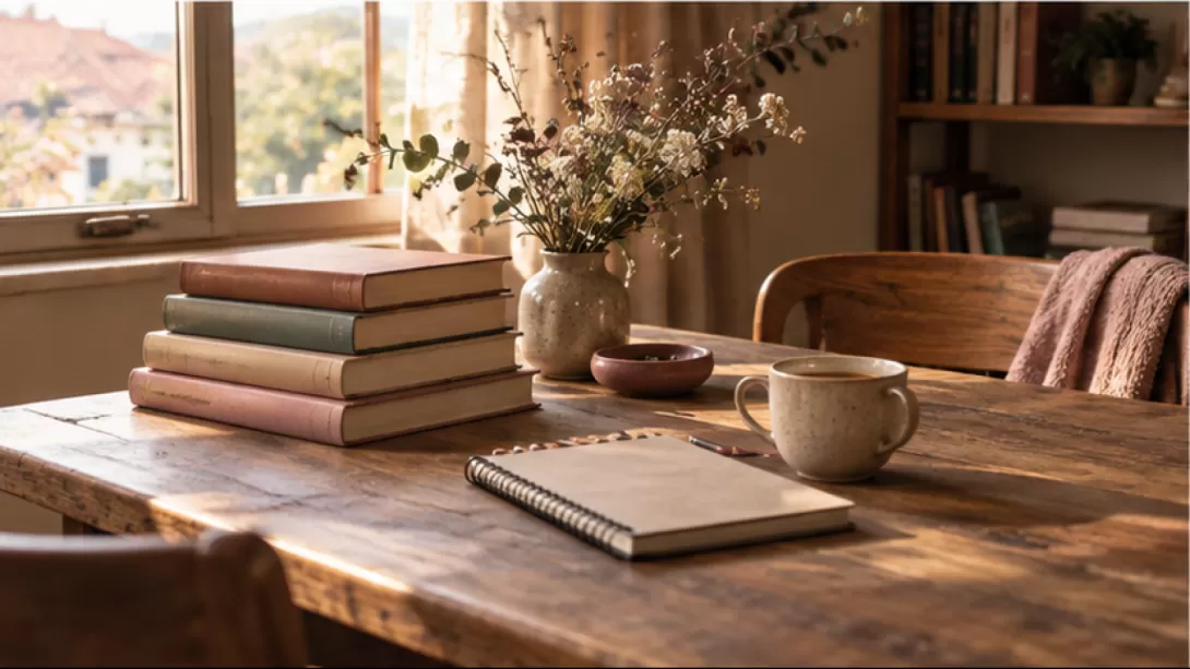 Libros sin marca y un cuaderno sobre una mesa de lectura iluminada