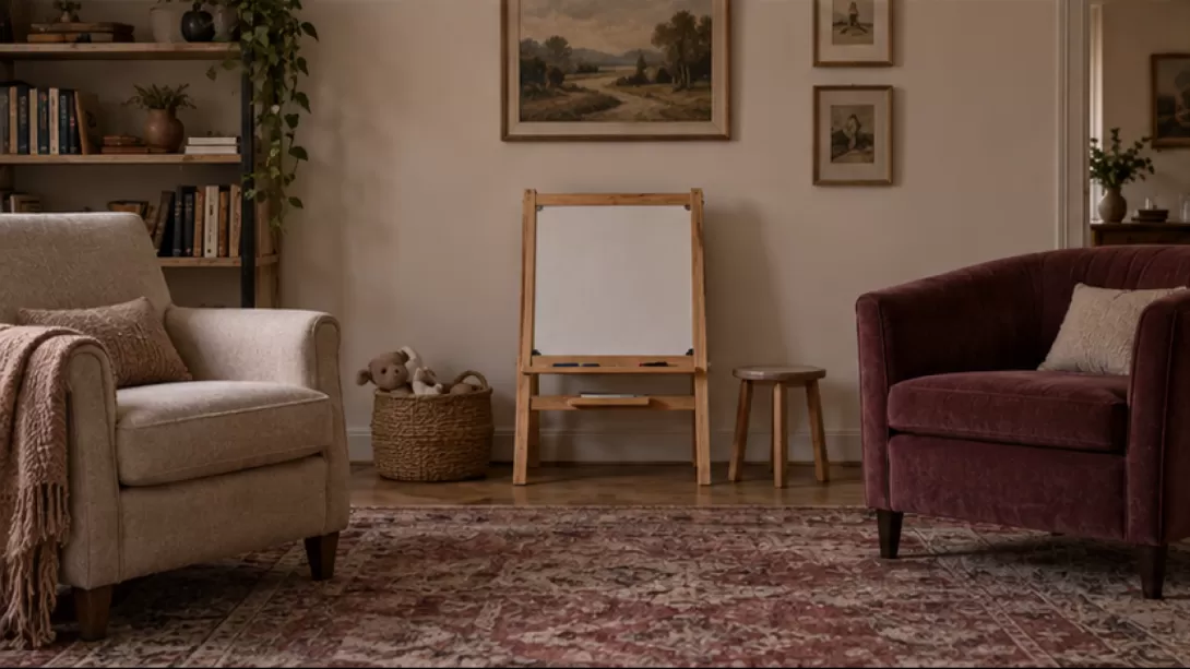 Sala familiar con dos sillones separados y una pizarra infantil sin texto